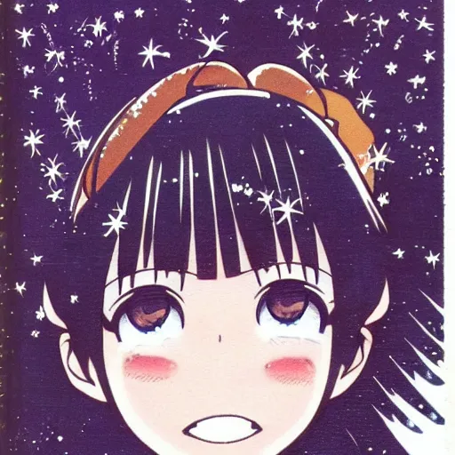 Image similar to a shoujo manga cover with a girl with big sparkly eyes and brown curly hair, in the style of naoko takeuchi ( 1 9 8 0 s )