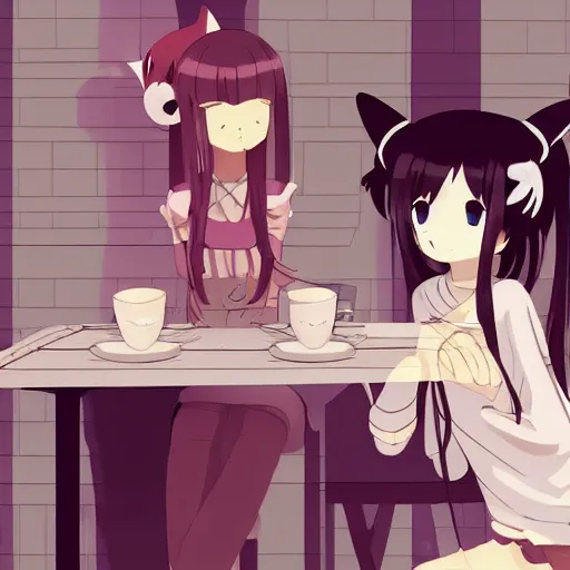 Image similar to anime cute girl with cat ears and cat tail sitting in a cafe looking at camera, moescape, studio ghibli, digital art, clean lines, cartoon