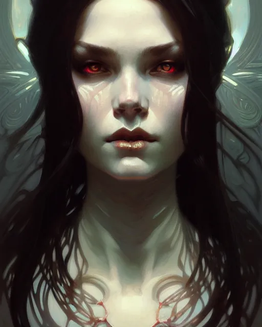 Prompt: Portrait of evil girl, face, dark fantasy, intricate, elegant, highly detailed, digital painting, artstation, concept art, smooth, sharp focus, illustration, art by zeronis and greg rutkowski and alphonse mucha