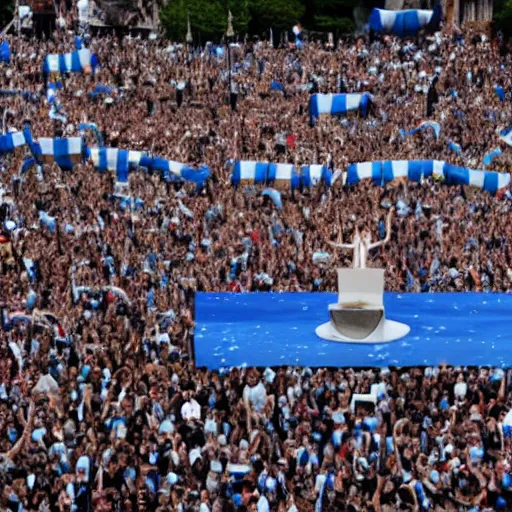 Image similar to Lady Gaga as president, Argentina presidential rally, Argentine flags behind, bokeh, giving a speech, detailed face, Argentina