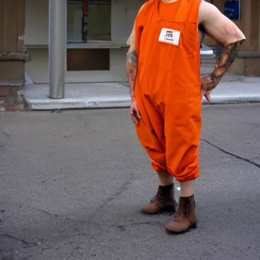 Image similar to cute pullet dressed as an inmate, campau mike style