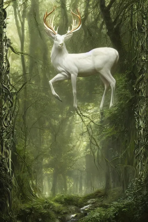 Prompt: White Stag in the distance, lush green deep forest, cold light, art nouveau, 4K, character concept art, oil painting, trending in artstation, cgsociety, by nekro, Alphonse Mucha, Artgerm, WLOP, Greg Rutkowski