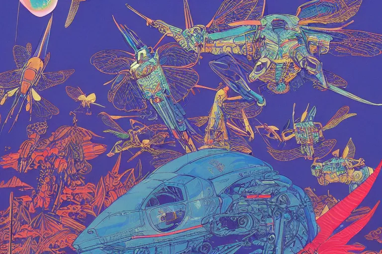 Image similar to gigantic mecha arzach birds with dragonflies, tiny rats, a lot of exotic animals around, big human faces everywhere, helicopters and tremendous birds, risograph drawing by satoshi kon and moebius, matte summer blue colors, surreal psychedelic design, 4 k