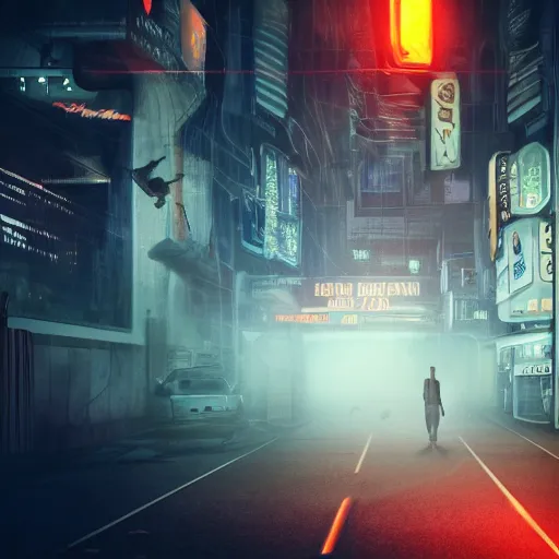 Image similar to Halloween ghost under a sheet, floating ghost, floating over futuristic metropolis sidewalk, at night, bright neon city lights, blade runner, trending on artstation, matte finish, volumetric lighting, 8k, 4k