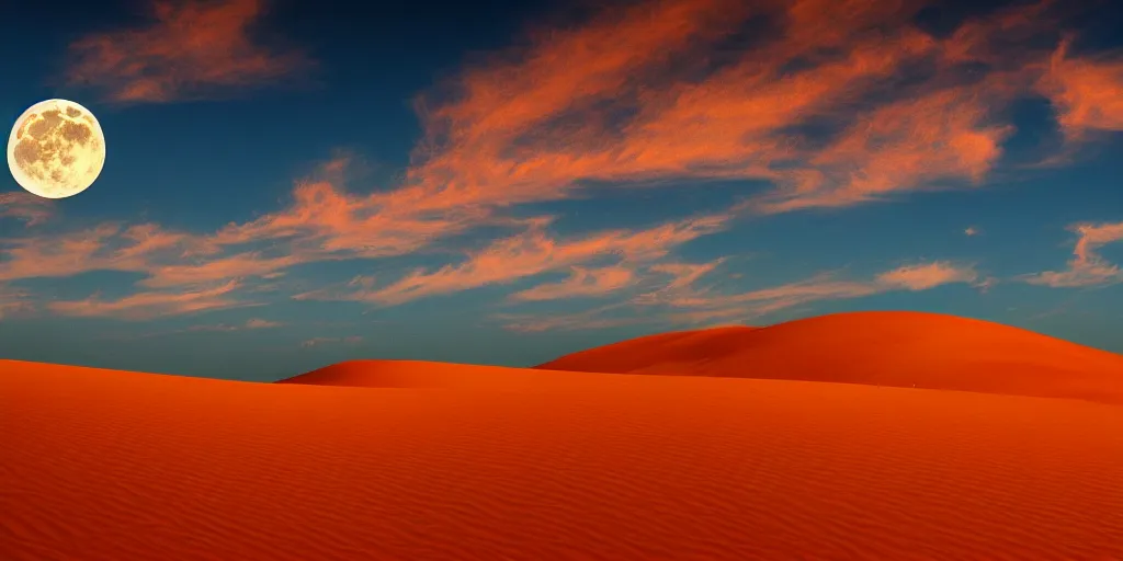 Prompt: windows xp wallpaper full moon over red dunes,