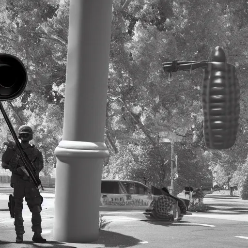 Image similar to the special forces pointing a real sized peanut statue, security camera, black and white, detailed, realistic, 4k