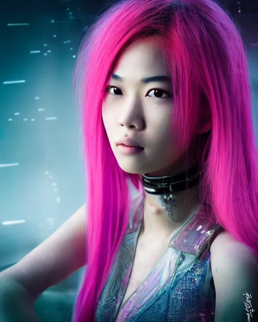 Image similar to portrait of a beautiful asian woman with pink hair as a cyberpunk cyborg, sci - fi, missing panels, intricate abstract upper body intricate artwork, concept art, octane render, deviantart, cinematic, key art, hyperrealism, iridescent accents, portrait photograph, nikon 3 5 mm, photograph by annie leibovitz and steve mccurry, greg rutkowski