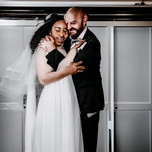 Prompt: a bride and groom embrace inside of a morgue, wedding photo