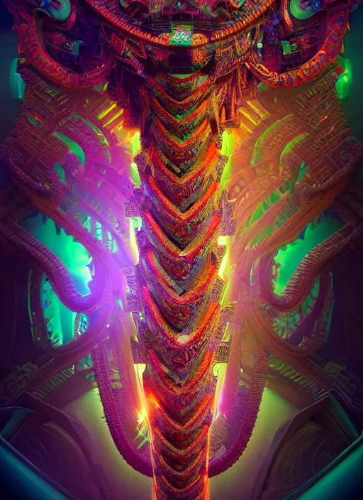 Image similar to hyper detailed ultra sharp 3 d render like a photograph aztec serpent warrior princess, fractal plane, deep voyage, parallel existence, earthwave, colorful, neon, ornate, intricate, digital painting, concept art, smooth, sharp focus, illustration, art by artgerm and greg rutkowski and h. r. giger, 8 k