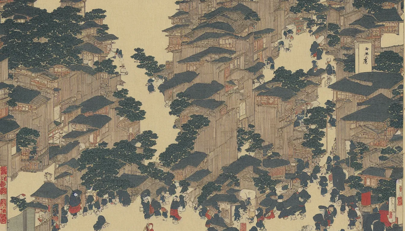 Prompt: old street scene in japan hokusai