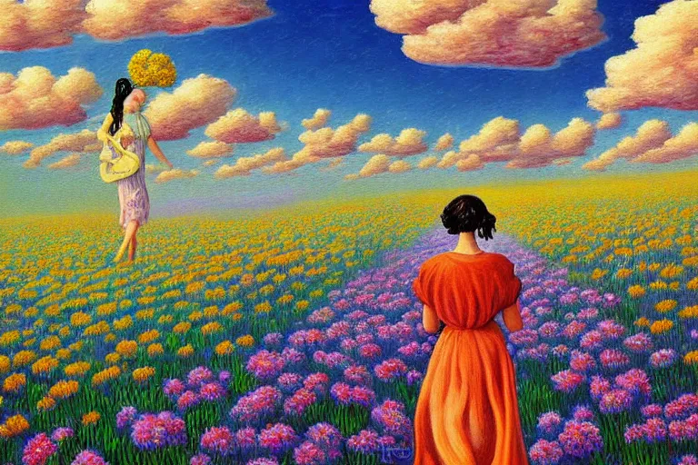 Image similar to giant flower head, woman walking, surreal, clouds in sky, impressionist painting, digital painting, artstation, rob gonsalves