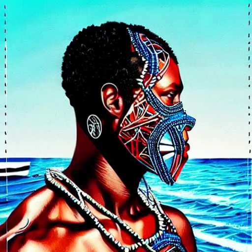 Image similar to a portrait of a black man with side profile blood in ocean intricate details :: side profile :: futuristic mask :: by vikings and Sandra Chevrier