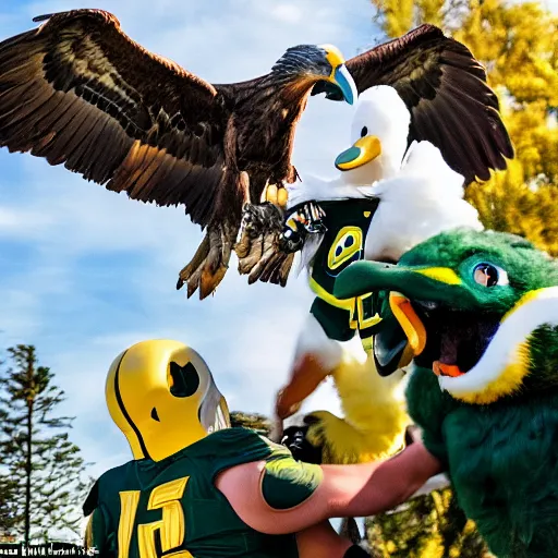 Prompt: cinematic photo of a giant eagle snatching away the oregon duck mascot with its talons, camera is looking up at the subject in the sky with fancy clouds behind