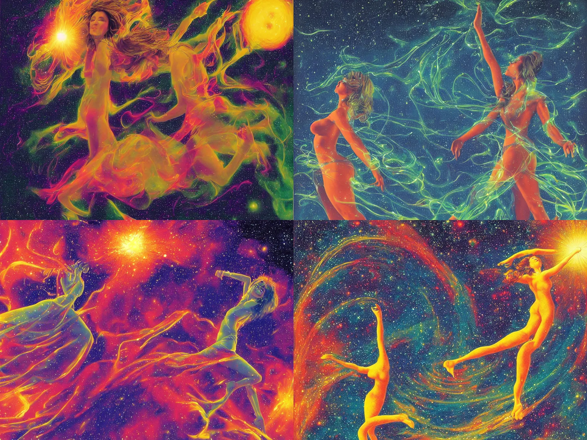 Prompt: a hyperrealistic portrait render of a beautiful woman dancing and squirting fluorescent liquid in the cosmos, by jean giraud