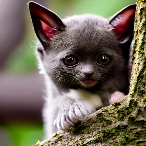 Prompt: a photo of a bat kitten sitting in the forest