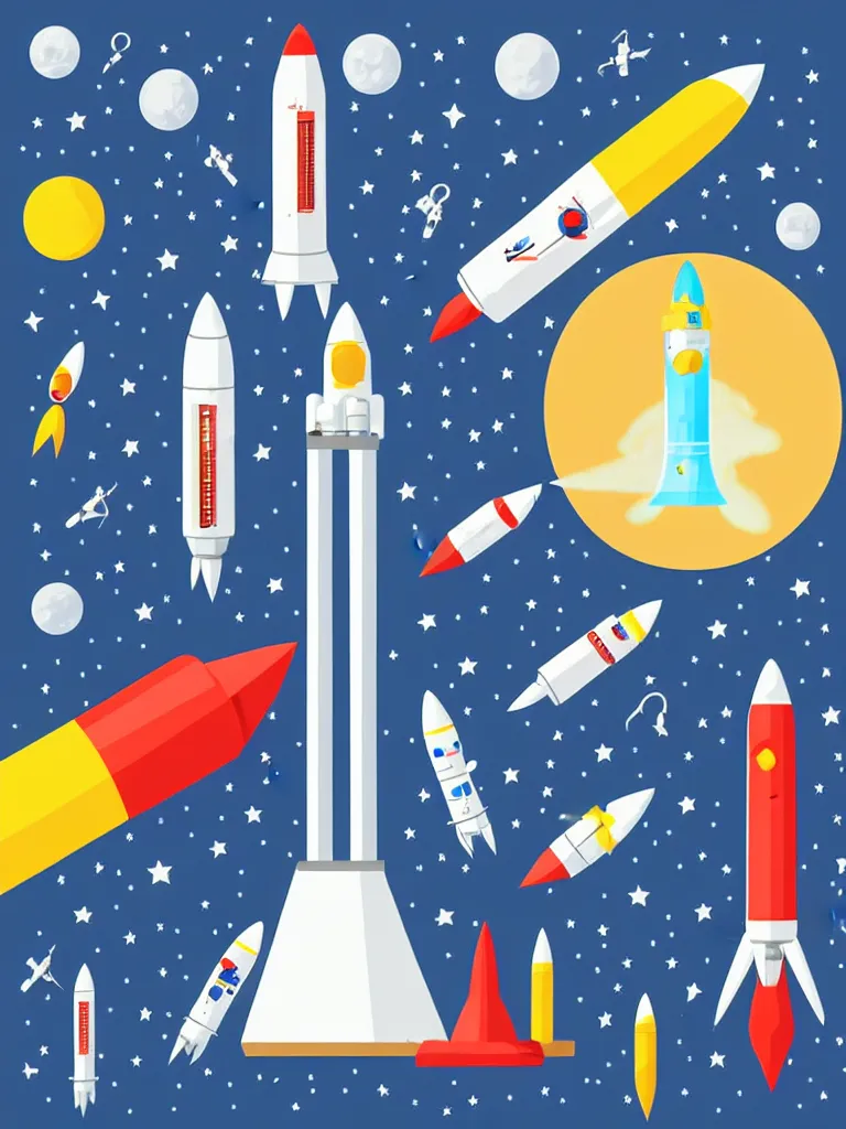 Image similar to editorial illustration scientific lab test tube telescope microscope astronaut rocket, colorful modern, mads berg