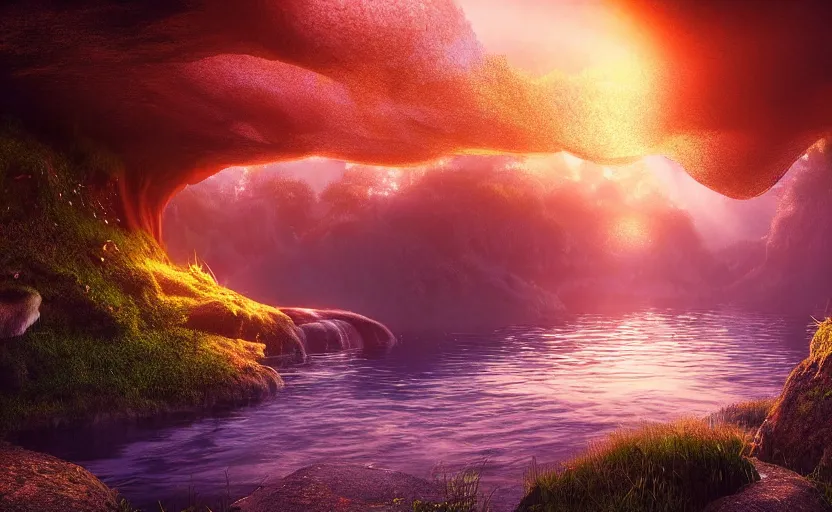 Prompt: a beautiful and stunning professional digital artwork of a humongous mushroom cave, haze, waterfall, lake, spores in the air, volumetric lighting, hyperrealistic, sunset, rtx on, ultra detail