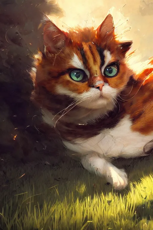 Prompt: highly detailed painting of a calico cat, cinematic lighting, dramatic atmosphere, by Dustin Nguyen, Akihiko Yoshida, Greg Tocchini, Greg Rutkowski, Cliff Chiang, 4k resolution, luminous grassy background