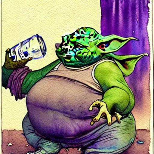 Image similar to a realistic and atmospheric watercolour fantasy character concept art portrait of a fat sleazy homeless yoda wearing a wife beater drinking out of a broken bottle, by rebecca guay, michael kaluta, charles vess and jean moebius giraud