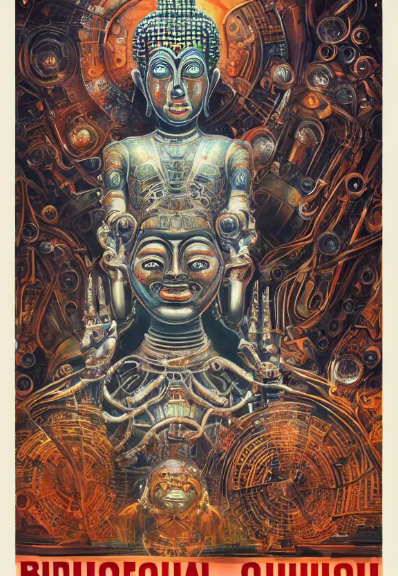 Prompt: biomechanical alien robot buddha, female, intense stare, sarcastic smile, symmetrical, concept art, intricate detail, volumetric shadows and lighting, realistic oil painting, 1 9 7 0 psychedelic soviet poster,