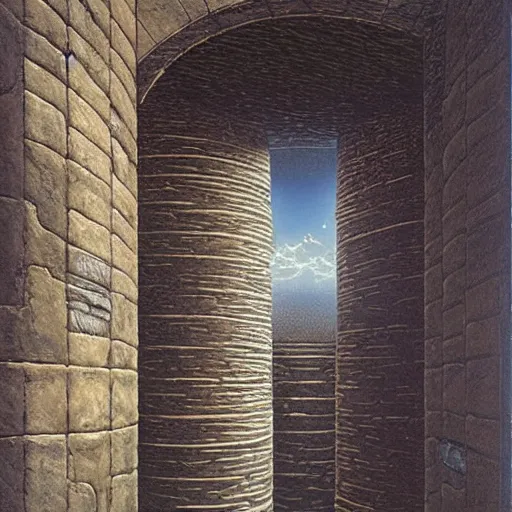 Prompt: side cutout view of a fantasy ctiy built into the walls of a cylindrical pit, painting by Peter Elson