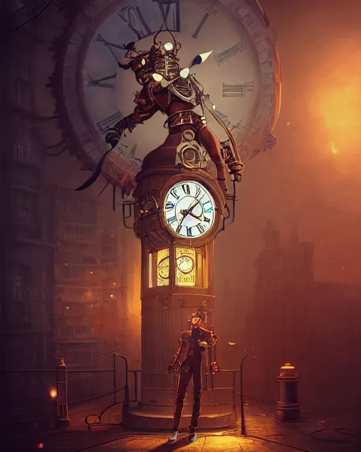 Image similar to male portrait, steampunk clock tower, steampunk city, intricate steampunk gears, complex 3 d render by ilya kuvshinov, peter mohrbacher, greg rutkowski, ryohei hase, dramatic lighting, intricate, highly detailed, sharp focus, luminous, unreal engine, blender, deviant art, masterpiece, ray tracing