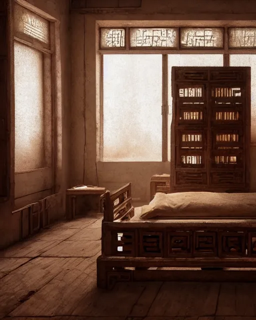 Prompt: artstation scifi scene of a shabby chinese rural room, earth kang, wooden bookcasesmall lotus shrine beds, paneled walls, unreal engine 5, hyper realism, realistic shading, cinematic composition, blender render, octane render, hdr, detailed textures, photorealistic, wide shot