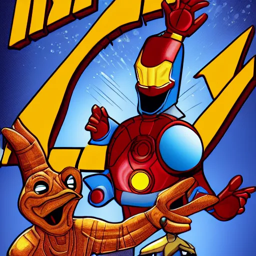 Prompt: iron man and howard the duck, various digital art