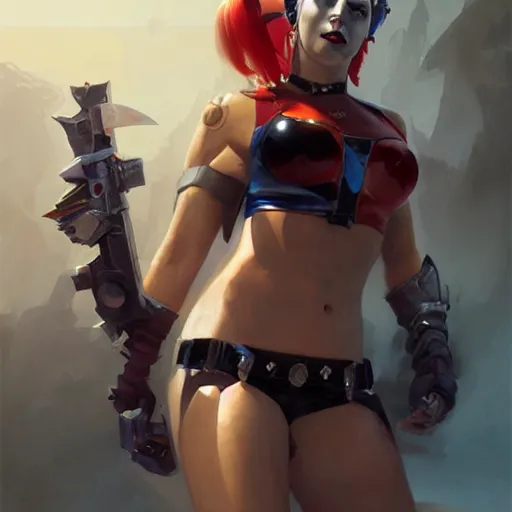 Prompt: portrait of Harley Quinn in bikini armor, dc comics, cyberpunk, Warhammer 40000, dark fantasy, digital art from artstation by Ruan Jia and Mandy Jurgens and Artgerm and william-adolphe bouguereau