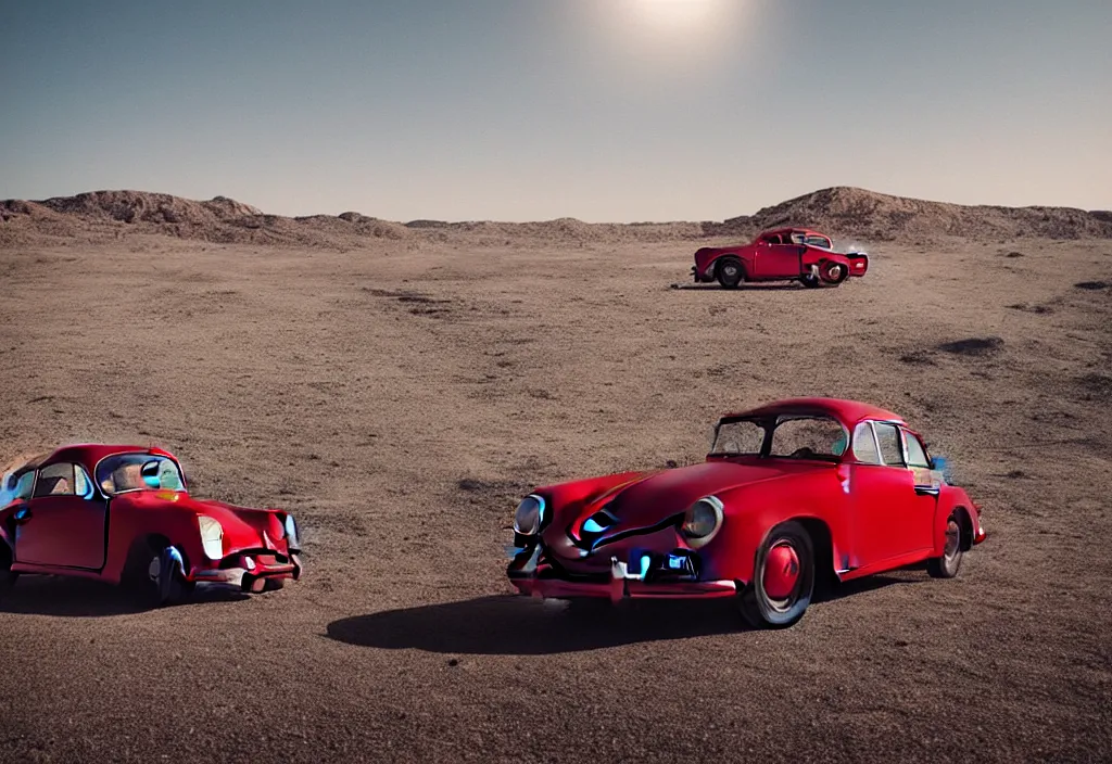 Image similar to “a singular red porsche 356 is parked in the middle of the desert, a matte painting by Scarlett Hooft Graafland, featured on unsplash, australian tonalism, anamorphic lens flare, cinematic lighting, rendered in unreal engine”