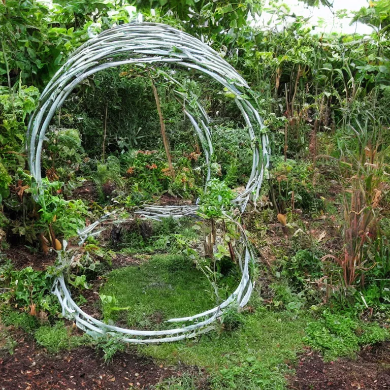 Prompt: a circle portal structure built out of plants and mushrooms