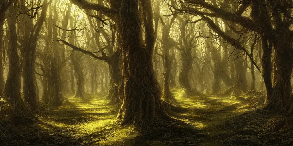 Prompt: artwork of the narrow woods, by john howe & tim white & les edwards, exquisite lighting, clear focus, highly detailed, cinematic view, trending on artstation, exquisite