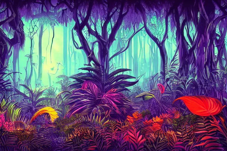 Prompt: high contrast digital art of a surreal dark jungle, mysterious crazy world, talking creatures, night, fireflies, surreal colors