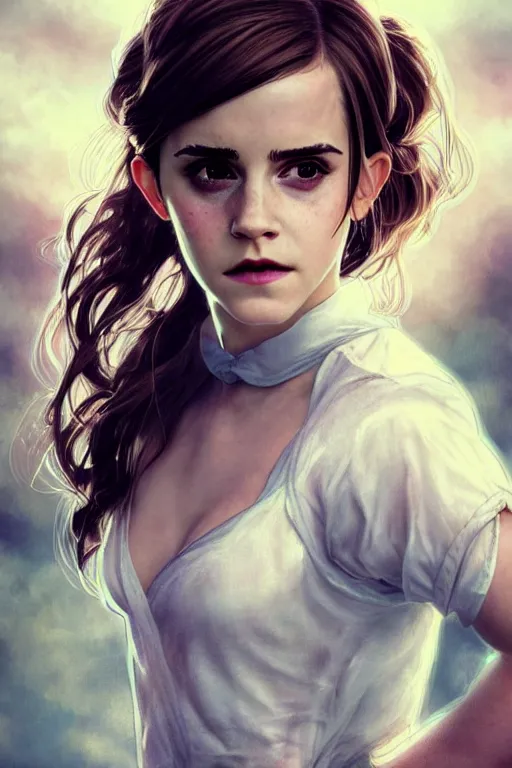 Prompt: A film still of emma watson in cosplay as babydoll from sucker punch, highly detailed, digital painting, artstation, concept art, sharp focus, illustration, cinematic lighting, art by artgerm and greg rutkowski and alphonse mucha diffuse lighting, fantasy, intricate, elegant, highly detailed, lifelike, photorealistic, digital painting, artstation, illustration, concept art, smooth, sharp focus
