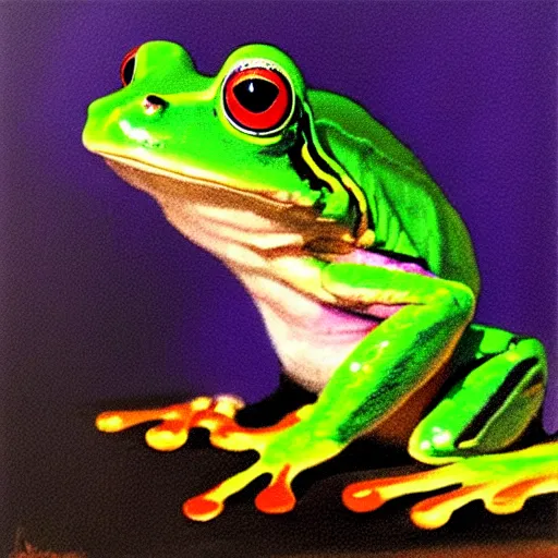 Image similar to frog looking down at his next victems, vivid colors, soft lighting, atmospheric, cinematic, moody, oil on canvas, 8 k