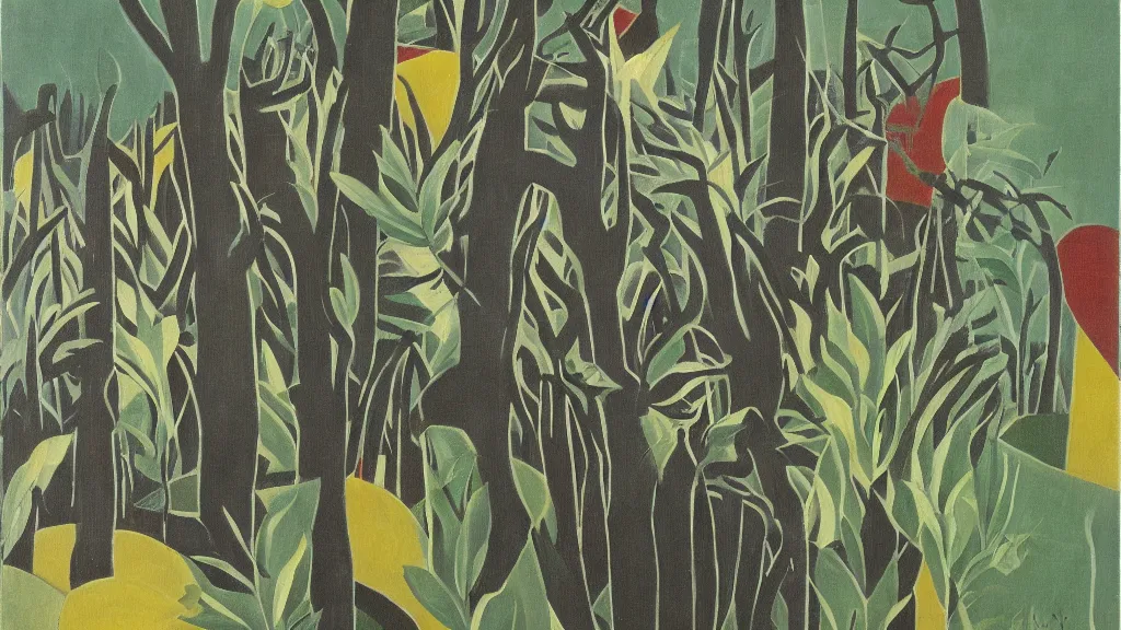 Image similar to abstract primitivism minimalism art painting, lines, forms, shapes, in style of henri rousseau,