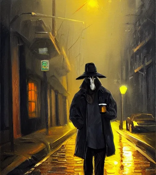 Image similar to wolf detective in a raincoat and a hat standing in a empty alley, smoking a cigarette, being illuminated by yellow street lights behind. oil painting. trending on artstation.