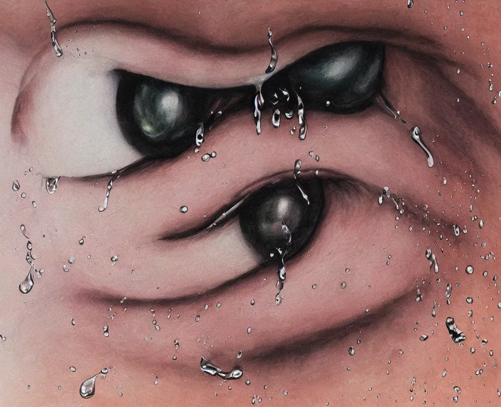 Prompt: realistic and detailed soft airbrush of a glossy tear dripping on a white background, inspired by 8 0 s airbrush illustrations, art by pater sato