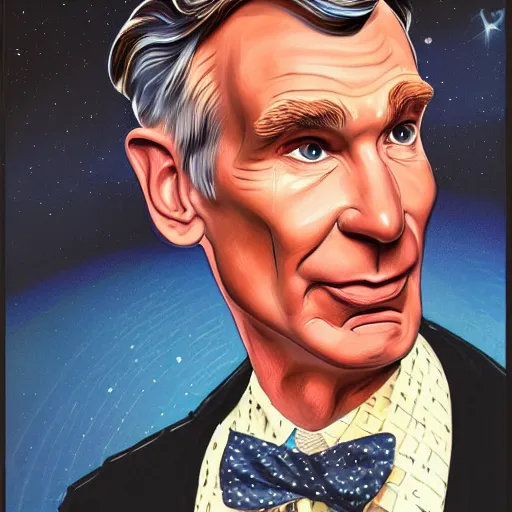 Prompt: a portrait of bill nye the science guy contemplating the universe, space, dramatic lighting and composition, blue, trending on artstation, concept art, comic book, chuck close, vittorio matteo corcos, john currin.