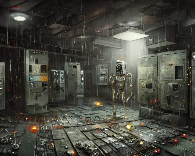 Image similar to gloomy ruined server room in datacenter robot figure automata rusty steel robot knight colossus welder pacing fixing soldering mono sharp focus, emitting diodes, smoke, artillery, sparks, racks, system unit, motherboard, by pascal blanche rutkowski repin artstation hyperrealism painting concept art of detailed character design matte painting, 4 k resolution blade runner