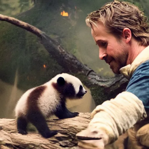 Prompt: Ryan Gosling saves a panda from a fire in the hobbit house, hyper realistic, 4k, 8k, cinematik