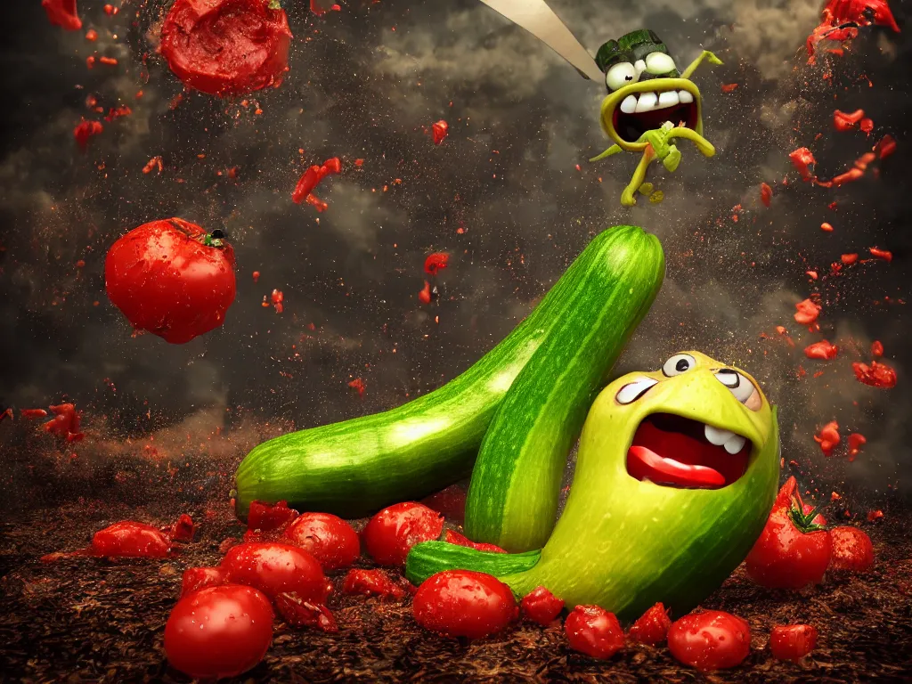 Prompt: highly detailed 3 d render of a raging zucchini character, burning scissors, running down a dirt road, scared tomates scattered everywhere, high speed action, explosions, dramatic scene, hyper realistic octane render, cinematic lighting, tomato splatter, deviantart, black sky, lowbrow, surrealism, pixar influenced, mayhem