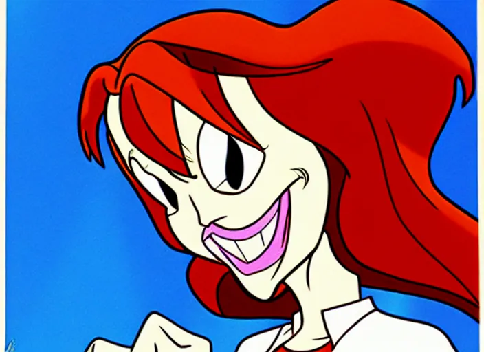 Image similar to dana scully in dragon's lair, shaded cartoon cel, animation model, sharp detail, thin linework, in the style of don bluth, filmation, toei animation, studio trigger, 5 k, hd