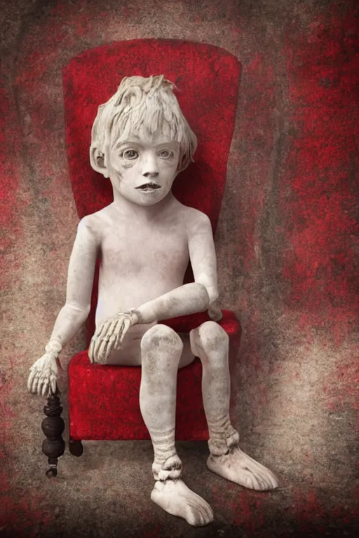 Prompt: photorealistic front view sad pale victorian ai child sitting on a red sofa made of human bones in a surreal landscape, depth of field, intricate, highly detailed, high quality, realistic, sharp focus, soft glow