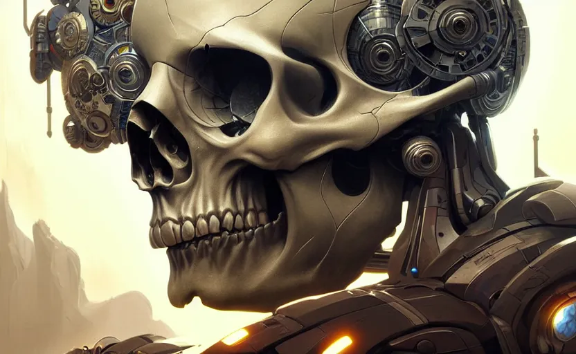 Image similar to Cyborg skull, sci-fi, highly detailed, digital painting, artstation, concept art, smooth, sharp focus, illustration, art by artgerm and greg rutkowski and alphonse mucha