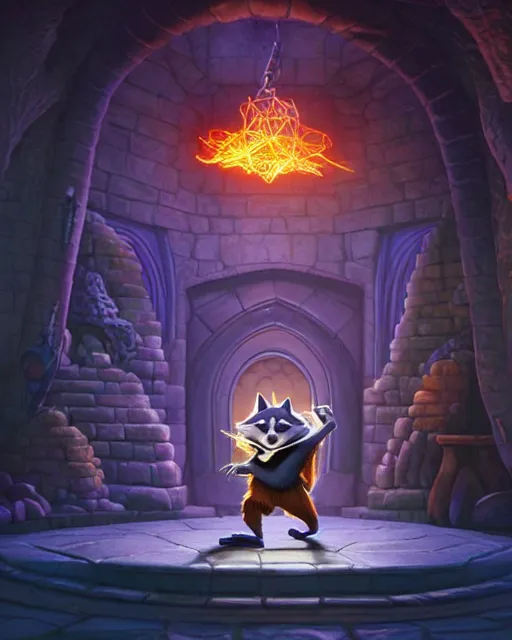 Prompt: 3 d model, highly detailed digital illustration portrait of hooded sorcerer sly cooper raccoon casting a magical glowing spell in a castle, action pose, d & d, magic the gathering, craig mullins, artgerm, moebius, dan mumford, octane, wlop, disney, pixar,