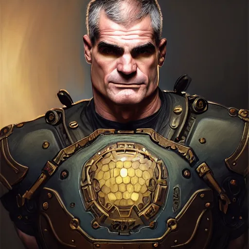 Image similar to full portrait of henry rollins as n overwatch character, fantasy, d & d, intricate, detailed, by by alphonse mucha, adolfo hohenstein, alice russell glenny, stanley artgerm lau, greg rutkowski, detailed, trending on artstation, trending on artstation, smooth