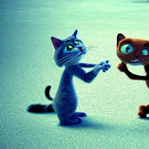 Prompt: a cinematic fill still from a 2015 Pixar movie where anthropomorphic cats battle against aliens, in the style of Pixar, shallow depth of focus