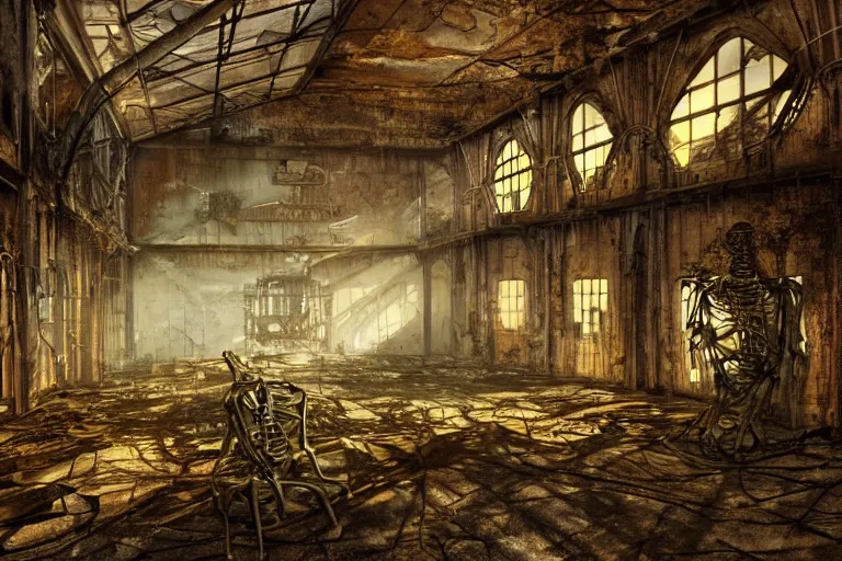 Prompt: a rusty metal skeleton in the interior of an old abandoned sci - fi hangar an old oak tree grows inside the courtyard golden rays of sunlight enter through the window gold neon lights digital art trending artstation