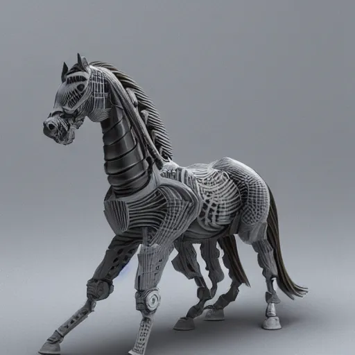 Prompt: biomechanical horse made of marble, fractal 3 d structure, intricate details, octane render